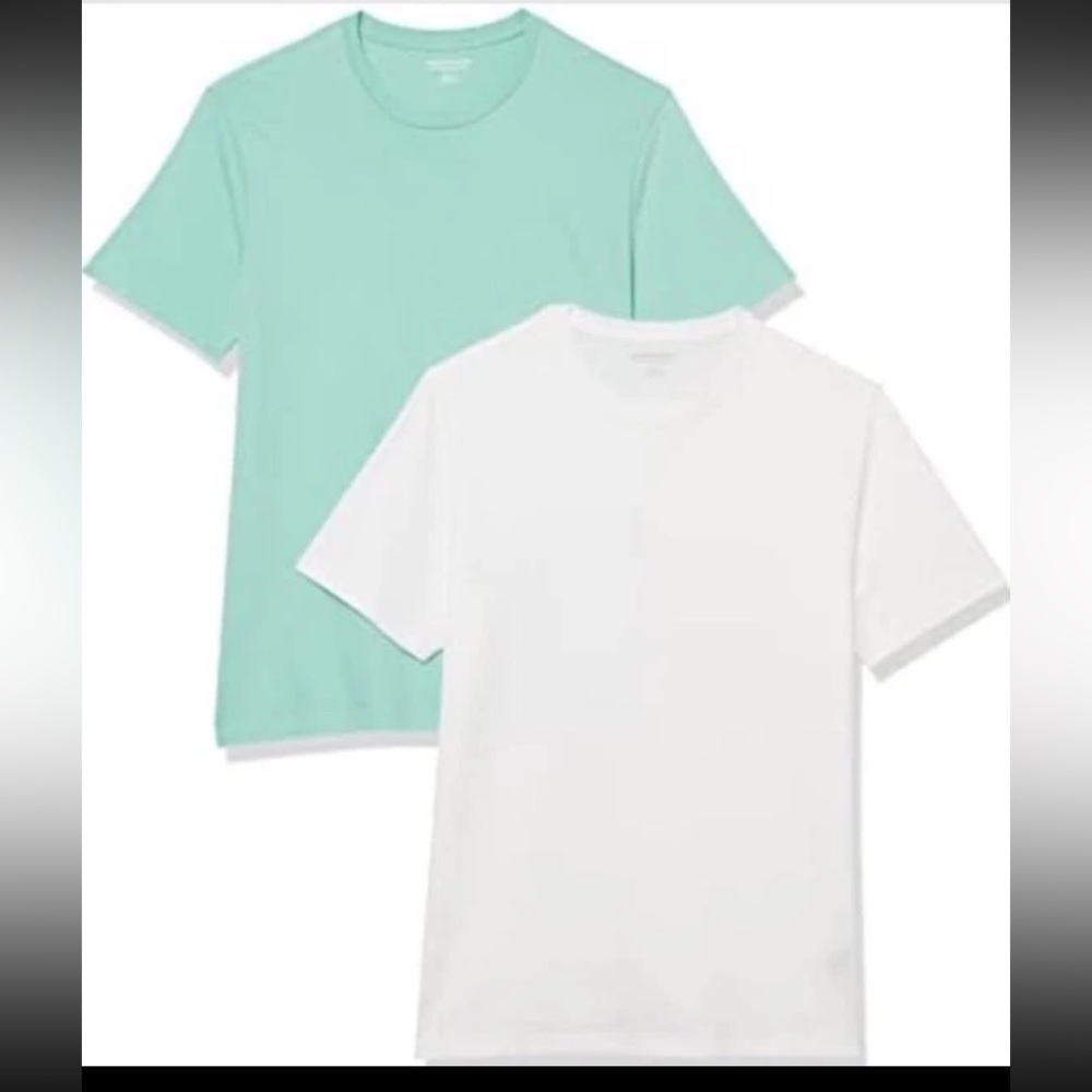 Amazon Essentials Men's Sz L Slim Fit White & Aqua 2 Pack Short Sleeve T-Shirts